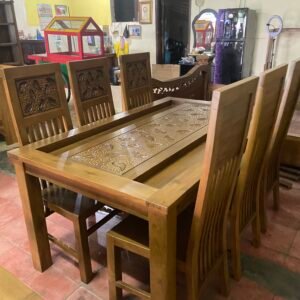 1 Set Meja + 6 Kursi Makan Ukir Daun Jatuh